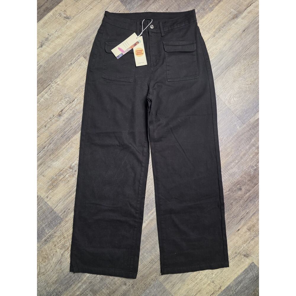DOKOTOO Pants Womens Size 10 Black Wide Leg Utility Patch Pocket Stretch NWT - Picture 1 of 8